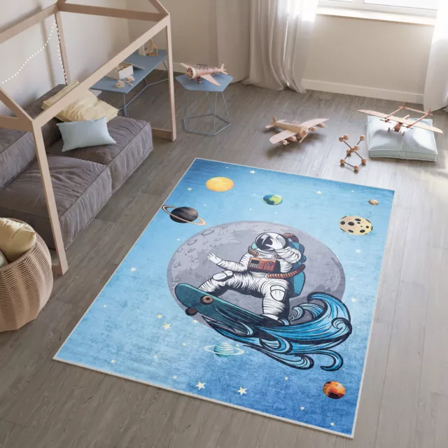 Kiderteppich Kinderzimmer Astronaut Motiv Blau Waschbar Rutschfest