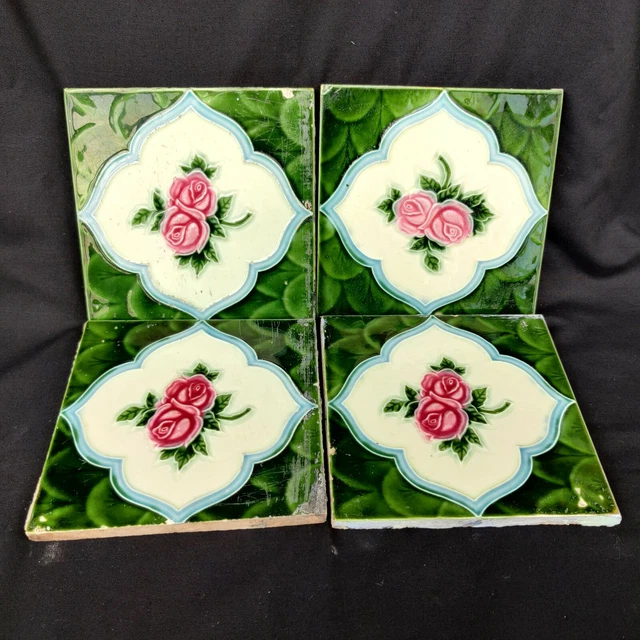 Vintage Embossed Floral Design Majolica Art 4 pcs Architecture Tile Japan CT70