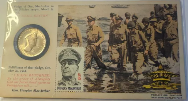 1947 S Philippines Silver Gen. MacArthur 50 Centavos w/Stamp New York World Fair