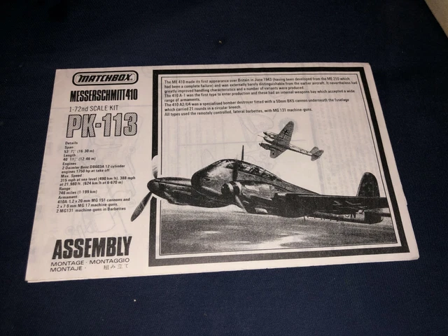 Manuel Instructions pour MAQUETTE MESSERSCHMITT ME 410 1/72 MATCHBOX PK-113