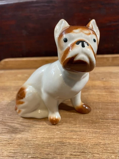 Ceramic Stoneware Pit Bull Bulldog Frenchie Brown White Sitting Dog Figurine