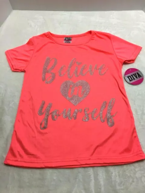 DIVA GIRLS Bright Coral SS TOP "BELIEVE IN YOURSELF" SILVER GLITTER - XS 4/5 NWT