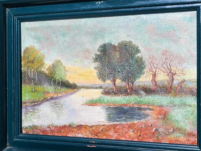 TABLEAU ANCIEN SIGNÉ. Paysage : Bord de Rivière.Peinture huile sur ...