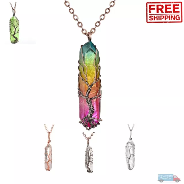 Crystal Gemstone Necklace Pendant Natural Chakra Stone Energy Healing with Chain