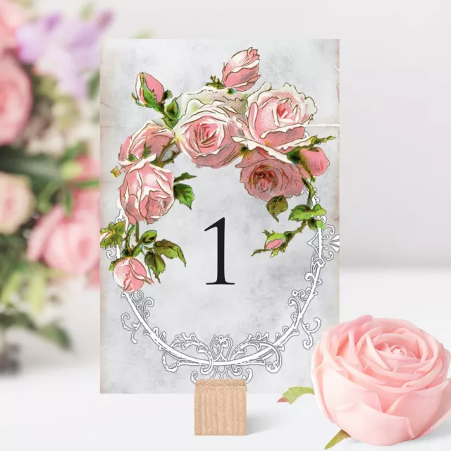 Vintage Style Wedding Table Numbers Names Cards - Shabby Chic Pink Flower Rose
