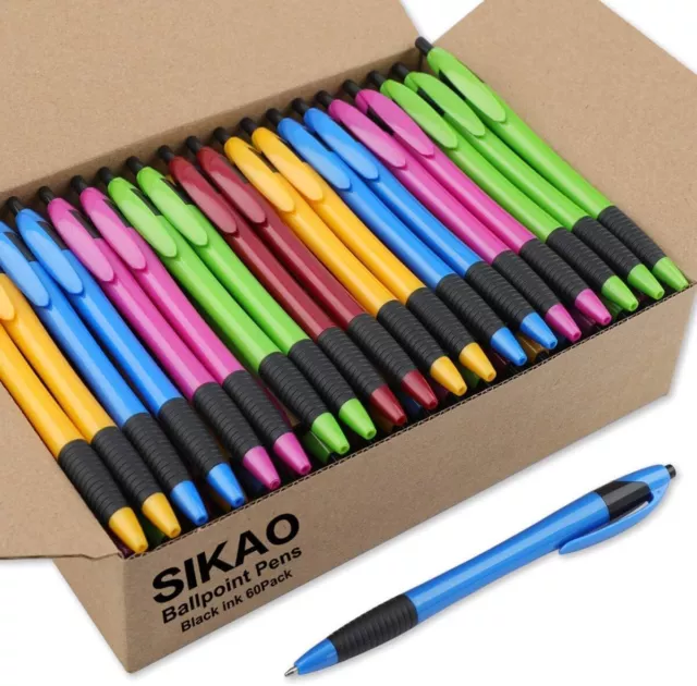 Sikao 60 Pack Gripped Slimster Retractable Ballpoint Pens, Bulk Pens Black Ink