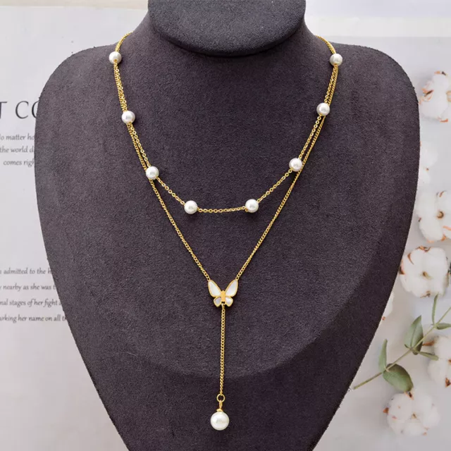 Women's 18K Gold Plated Butterfly Pearl Pendant Stainless Steel Tassel Necklace