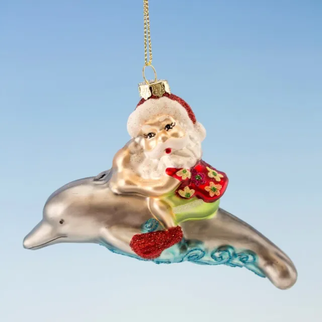 Hand Blown Glass Santa On Dolphin Coastal Nautical Christmas Tree Ornament