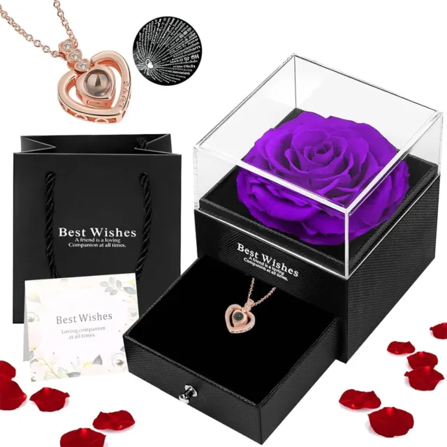 Preserved Rose with Necklace, Gift Box with Love You Necklace, Valentines Day