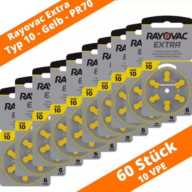 60 x Rayovac Extra eh. Advanced  Typ 10 Gelb PR70 Hörgerätebatterien 1,45 V