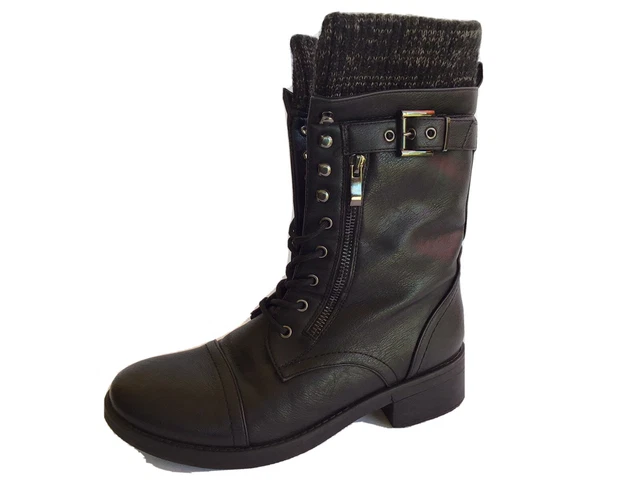 Womens 9 Combat Boots Dream Pairs Faux Fur Lined Zip or Tie Black  Leather, Nice