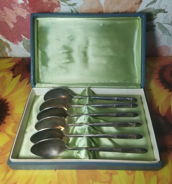 Set of 6 Vintage Russian USSR Melchior Silver Plate tea Spoons with BOX