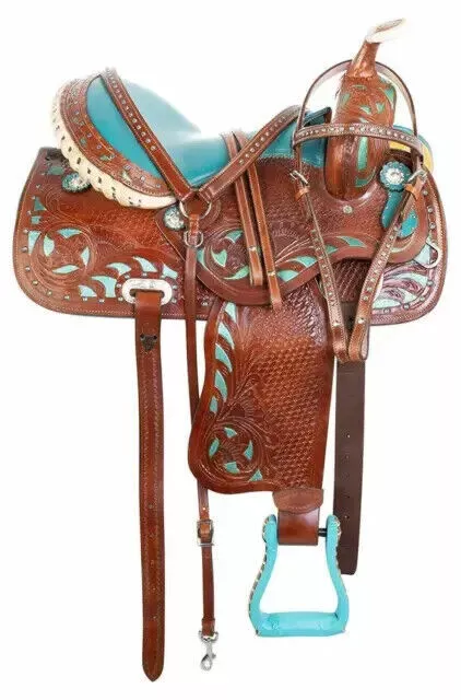 Blue Crystal Leather Horse Western Saddle Set for Show Barrel Race 14" 15" 16''