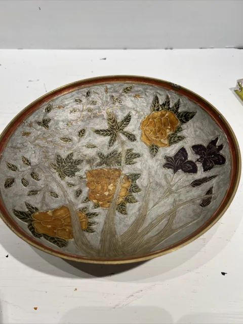 Solid Brass 9.5" Bowl Hand Painted Enamel Gold flowers silver background India