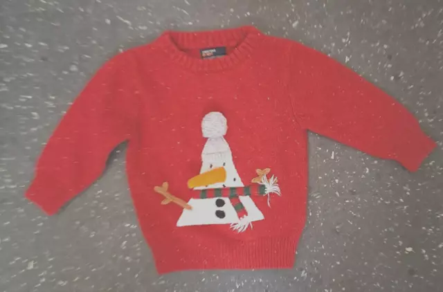 Next Baby Christmas Jumper 9 - 12 meses muñeco de nieve manchado rojo bobble sombrero bufanda