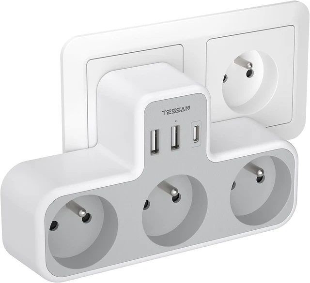 Multiprise Murale 3 Prises Et 1 USB Avec 2 USB C, Electrique 6 En 1, Multiprise