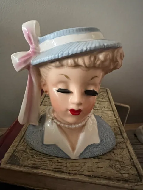 Vintage 1958 Napco C3342c Lady Head Vase Pearls Pink Bow