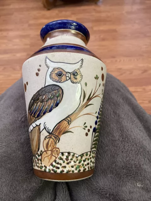 Vintage Reyna Mexico Tonala Vase Stoneware Owl Butterfly Floral Hand Painted