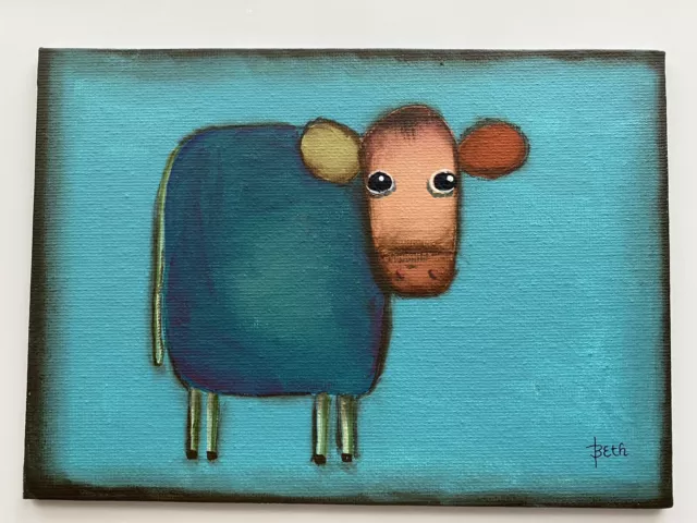 Primitive Folk Art Original Painting Colorful Cow