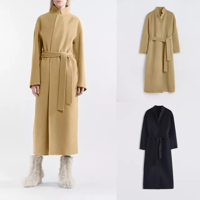 90% Wool 10% Cashmere Long Wool Coat Stand Collar Lapel Belted Womens Overcoats