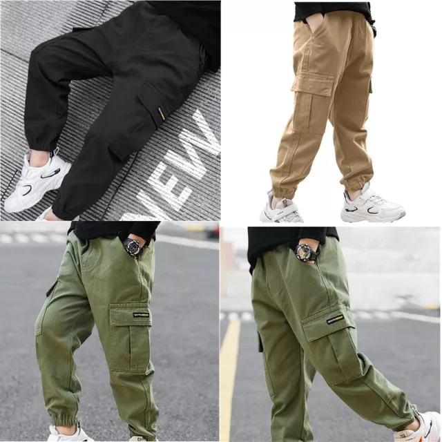 Kids Boys Girls Cargo Joggers Pants Athletic Sports Dungarees Trousers Bottoms