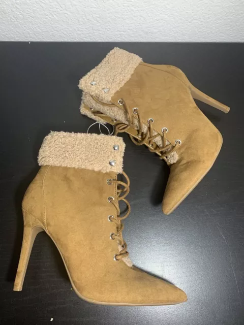 Jessica Simpson Heeled Faux Fur Tan Suede Pirlie Fuzzy Shearling Booties Womens