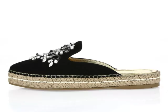 Womens PRADA Black Crystal Embellished Suede Slip On Espadrille Mules Size 38 2