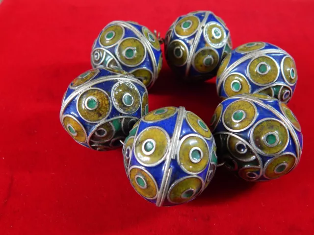 6 Vintage North African Berber Handcrafted Enamel Beads, From Morocco