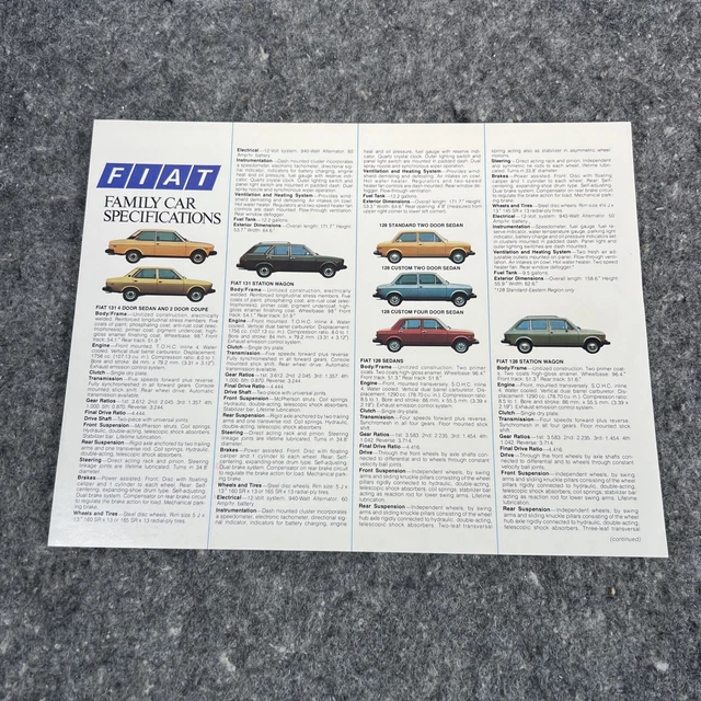 VINTAGE ORIGINAL 1977 Fiat Family Car Sales Brochure/ Specification