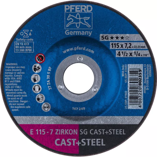 PFERD 61602 4-1/2" x 1/4" Grinding Wheel, 7/8" AH ZA 30 S SG - Type 27 (10pk)