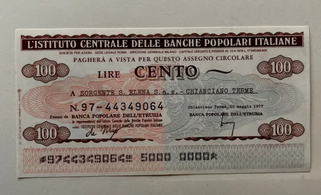 Miniassegni 100 Lire I. C. Banche Popolari Italiane 1977  Chianciano Terme