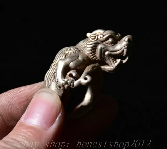 1.4" Alte chinesische Silber Dragon Pi Xiu Beast Schmuck Runde Ring Statue
