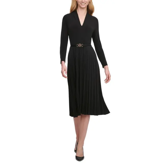 Tommy Hilfiger Womens Black Shutter Pleat Midi Fit & Flare Dress 4 BHFO 1499