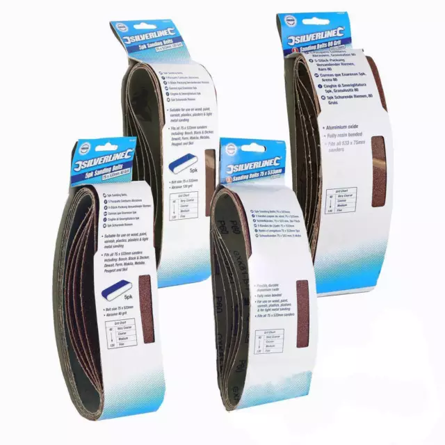 Silverline Sanding Belts 75 x 533mm 40 60 80 120 Grit Mixed Pack 5 Pack Sander