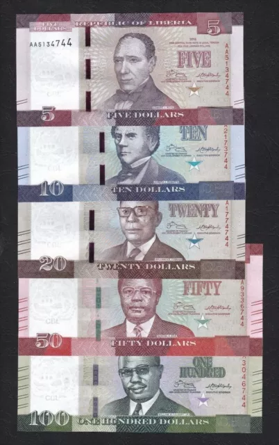 LIBERIA Complete set banknotes  2017 - L$ 5, 10, 20, 50, 100 all in UNC mint