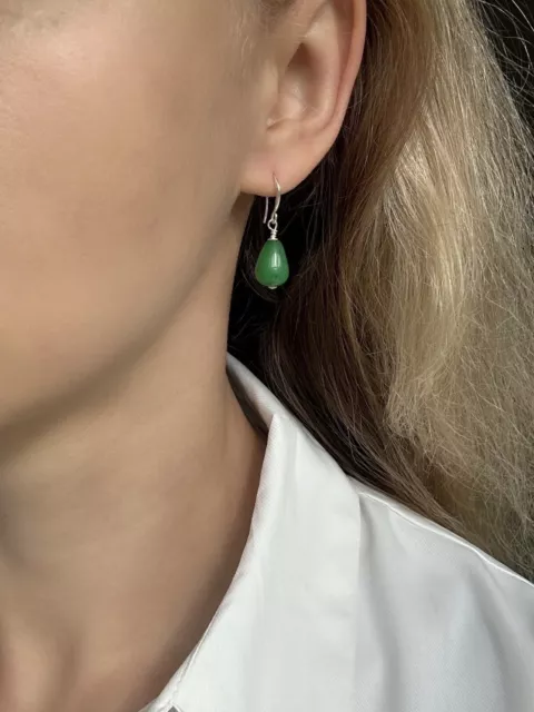 Solid 925 Sterling Silver Jade Teardrop Drop Stud Earrings