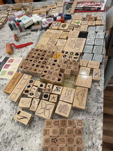 Huge Lot  250+ Wooden Stampin Up Rubber Stamps +Ink Pads, Flock, Etc.