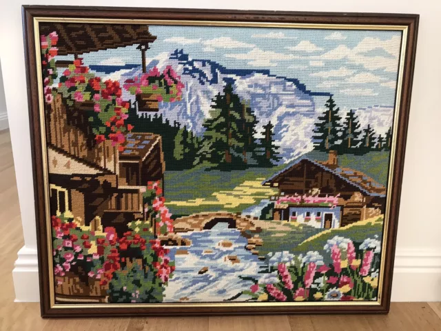 Vintage framed needlepoint tapestry Swiss French Alps Europe 59.5cm x 49.5cm