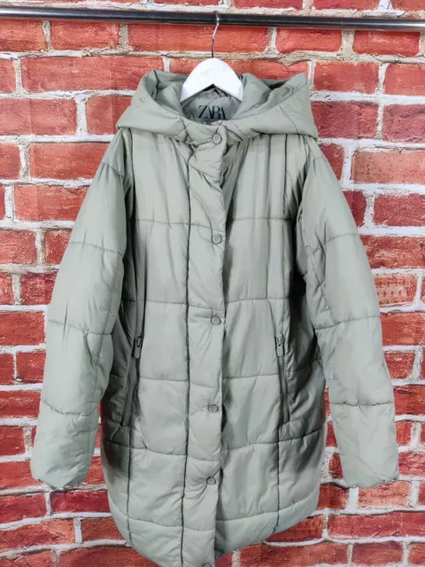 Girls Zara Soft Green Duvet Style Quilted Coat Jacket Age 11-12 Years Hood 152Cm