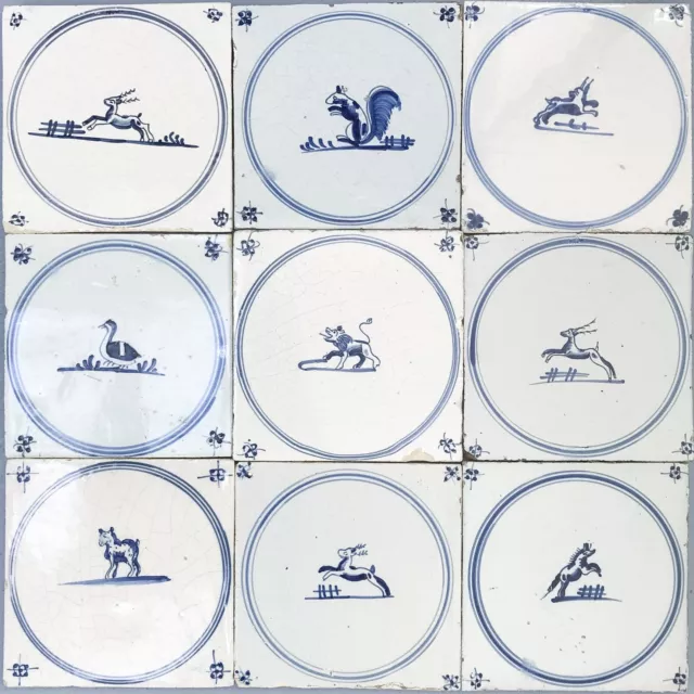 Nice field of 9 Dutch Delft Blue tiles, animal in a circle, circa 1800.