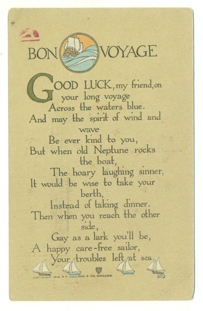 Postcard 1912 Bon Voyage Good Luck, P.F. Volland & Co. Chicago VTG VPC02.