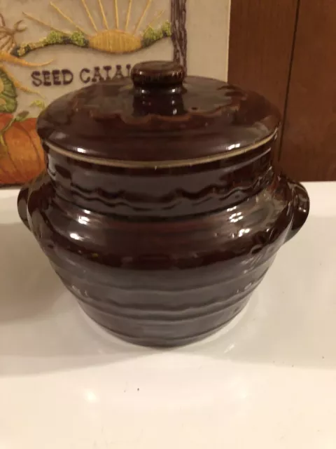 Marcrest Stoneware Bean Pot Crock & Lid Daisy Dot Oven Proof Brown Glazed MCM