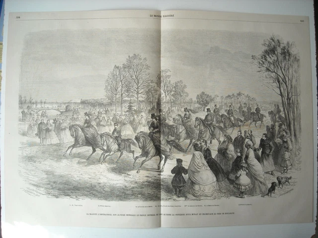 Gravure 1864. L'imperatrice Eugenie, Prince Imperial, Promenade Au Bois Boulogne