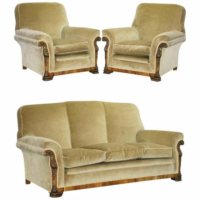 Victorian Flamed Walnut Carved Frame Three Piece Suite Sofa & Pair Of Armchairs
