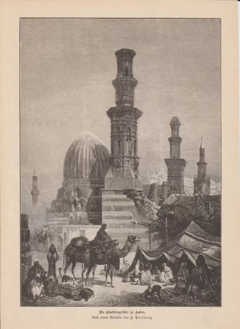 Kalifengräber in Kairo Totenstadt Grabmoschee Ägypten HOLZSTICH von 1890