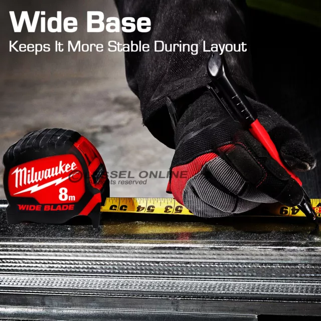 Milwaukee 48220208 8m Wide Blade Jobsite Tape Measure Reducing Hand Tools NEW 3