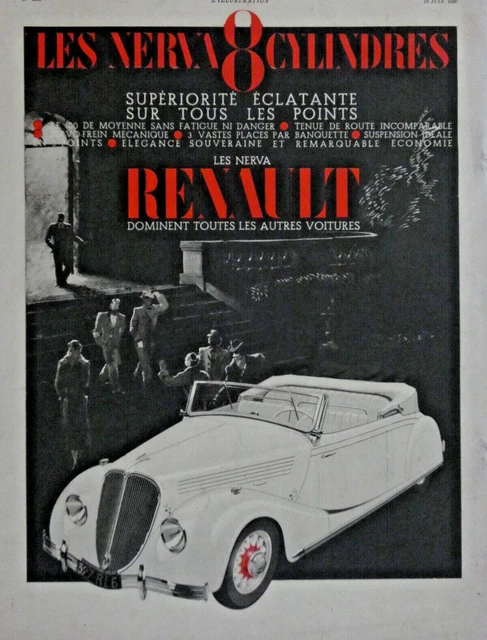 1936 Renault Les Nerva 8 CYLINDER AUTOMOBILE PRESS ADVERTISEMENT