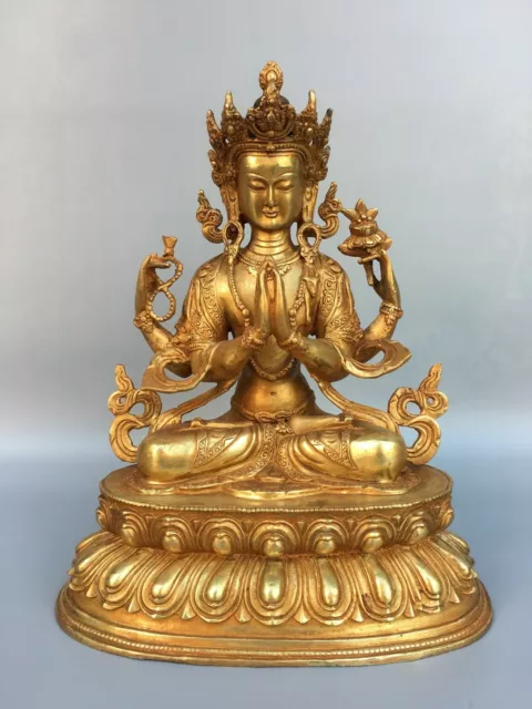 12" Chinese Antique Tibetan Buddhism temple Bronze gilt Tara bodhisattva statue