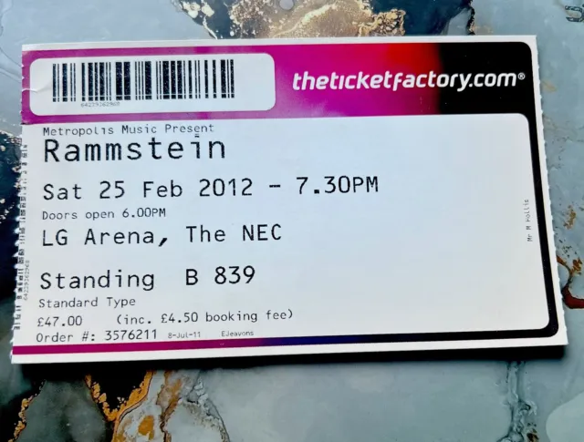 RAMMSTEIN TICKET STUB Made In Germany Tour Birmingham NEC Arena 25/02/2012