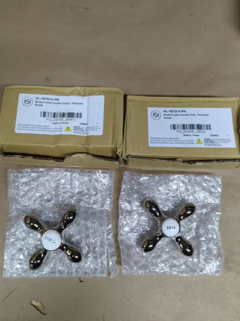 1 Pair Signature Hardware Brass Porcelain Cross Handles Polished Nickel NOS